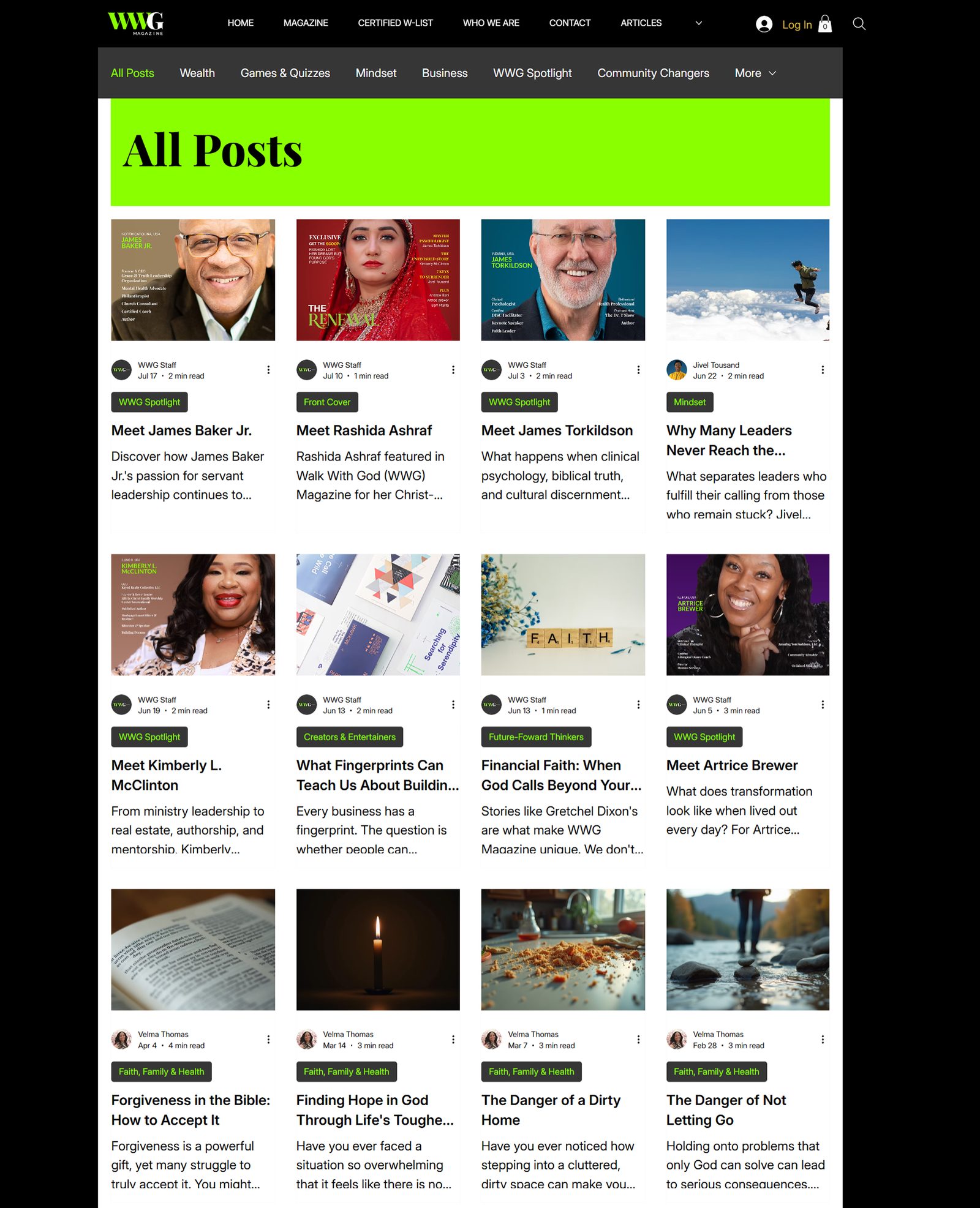 WWG Magazine articles index, a category filter bar above a grid of article cards